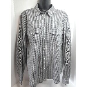 Rank 45 Gingham Western Pearl Snap Shirt Black White Diamond Sleeve Embroidery L